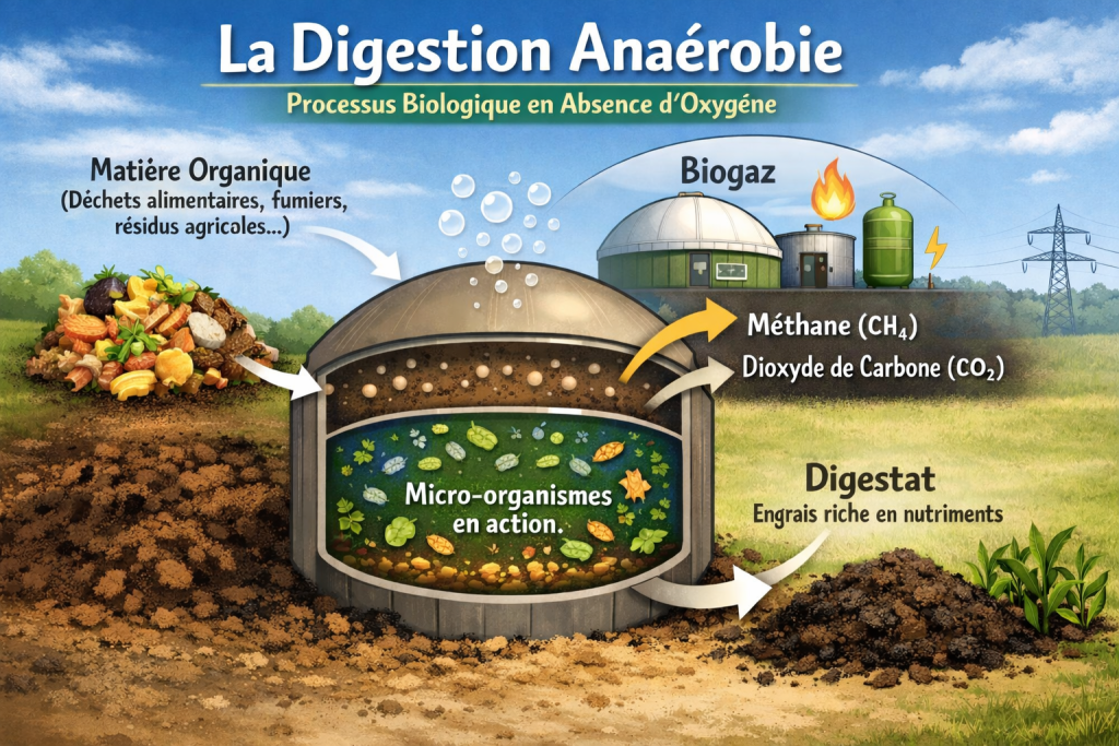 Schéma digestion anaérobie méthanisation production biogaz micro-organismes digestat
