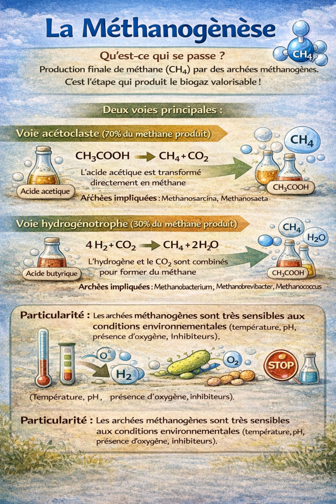 Schéma méthanogenèse production finale méthane CH4 biogaz archées méthanogènes voie acétoclaste hydrogénotrophe