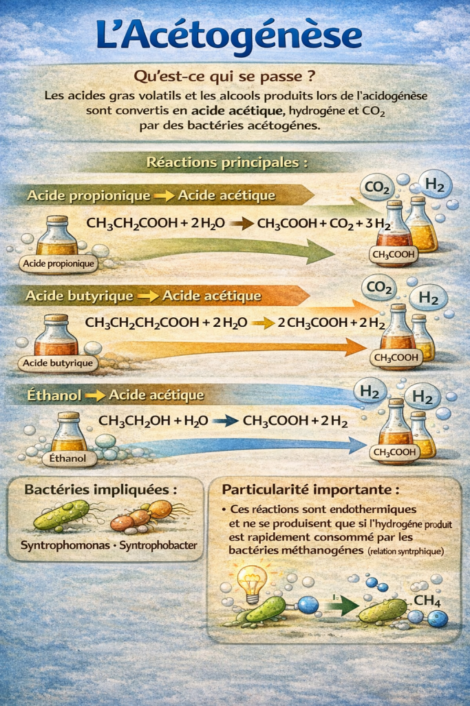 Schéma acétogenèse méthanisation conversion AGV en acide acétique hydrogène CO2 bactéries acétogènes