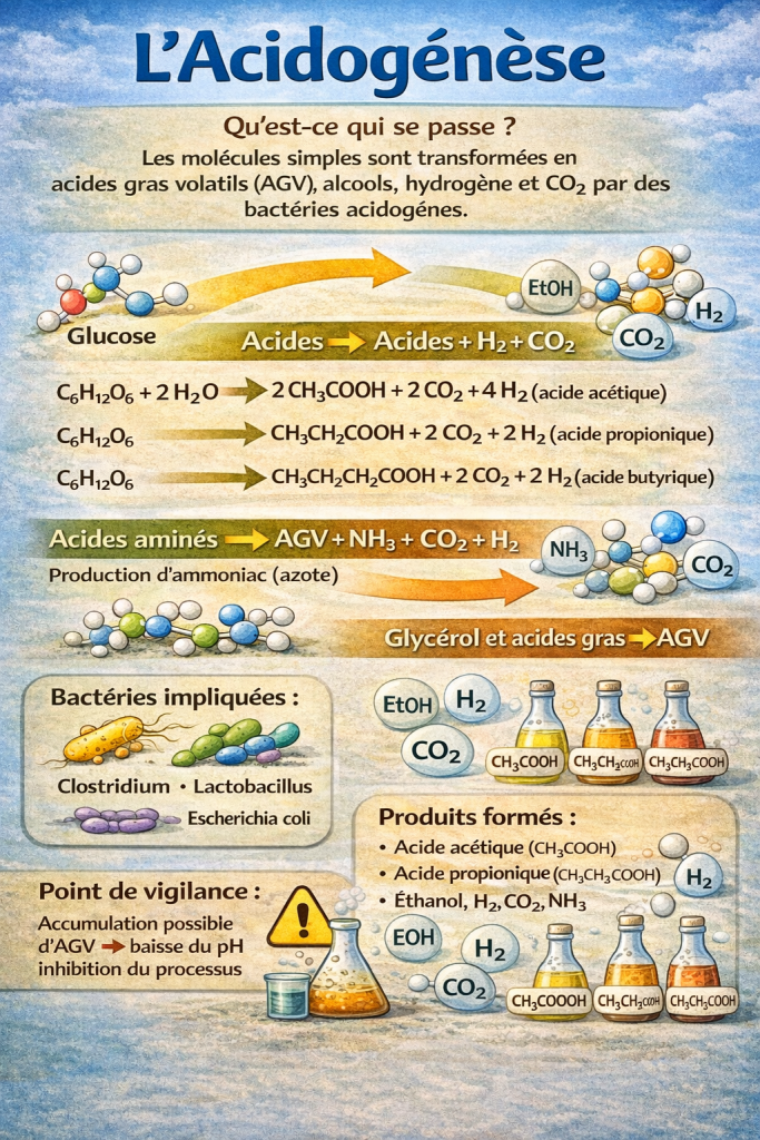 Schéma acidogenèse méthanisation transformation molécules en acides gras volatils AGV bactéries acidogènes