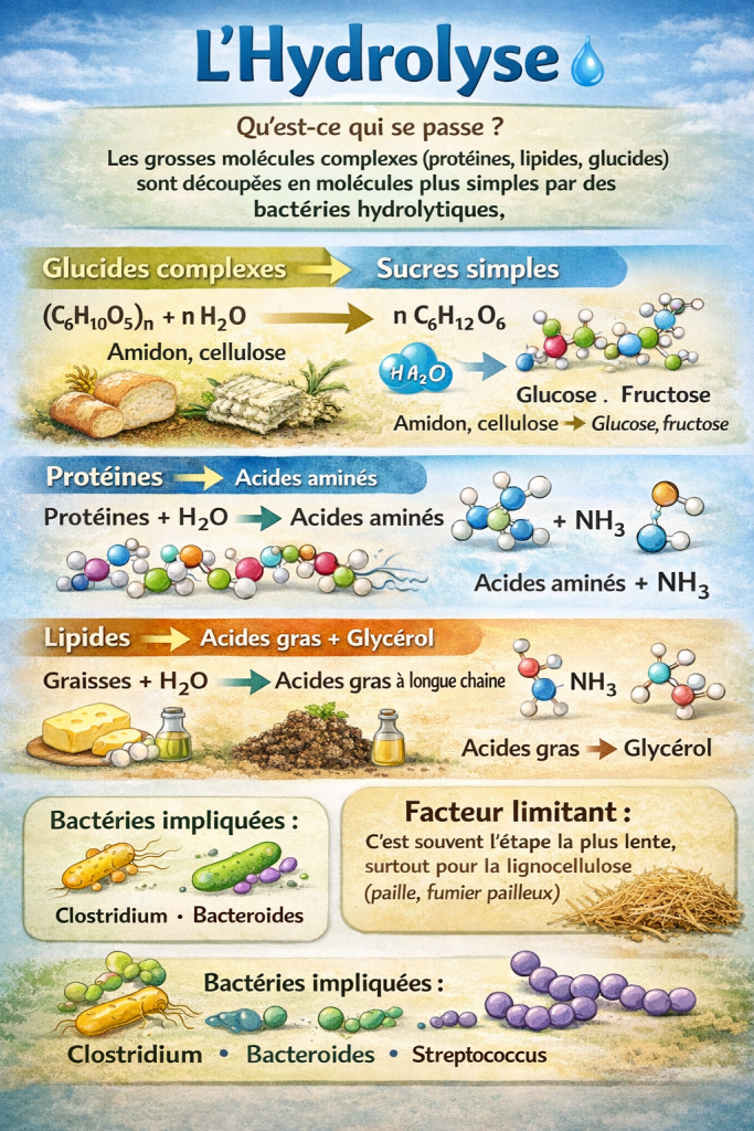 Schéma hydrolyse méthanisation décomposition molécules complexes par bactéries hydrolytiques